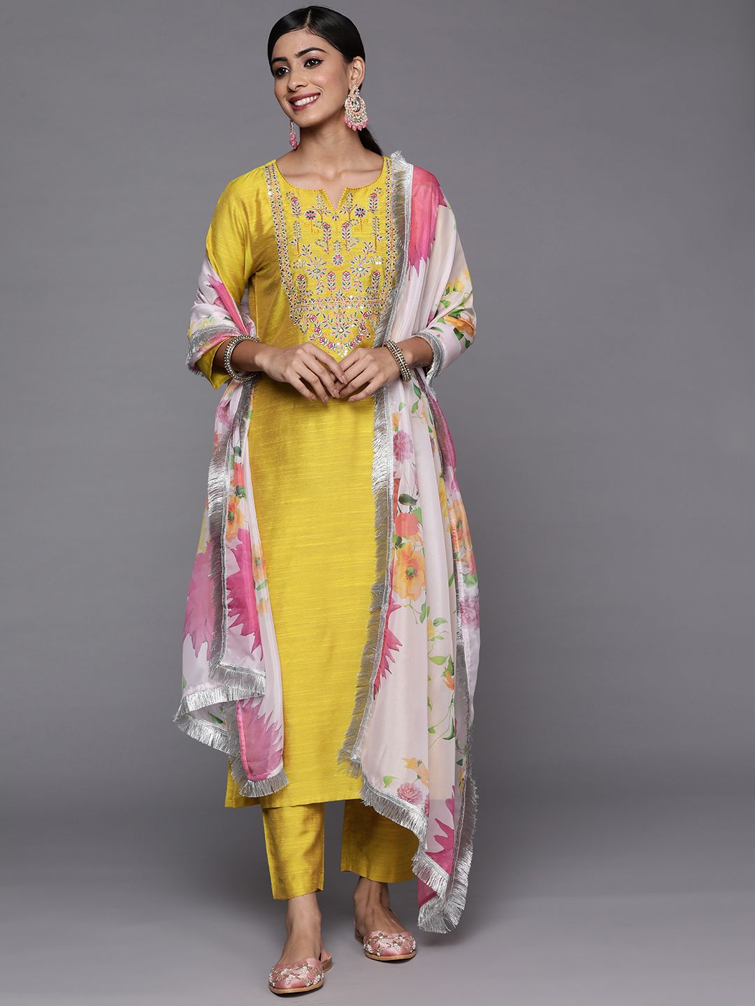 Dhiyona VA Women's Yellow Ethnic Motifs Embroidered Thread Work Kurta with Trousers & With Dupatta