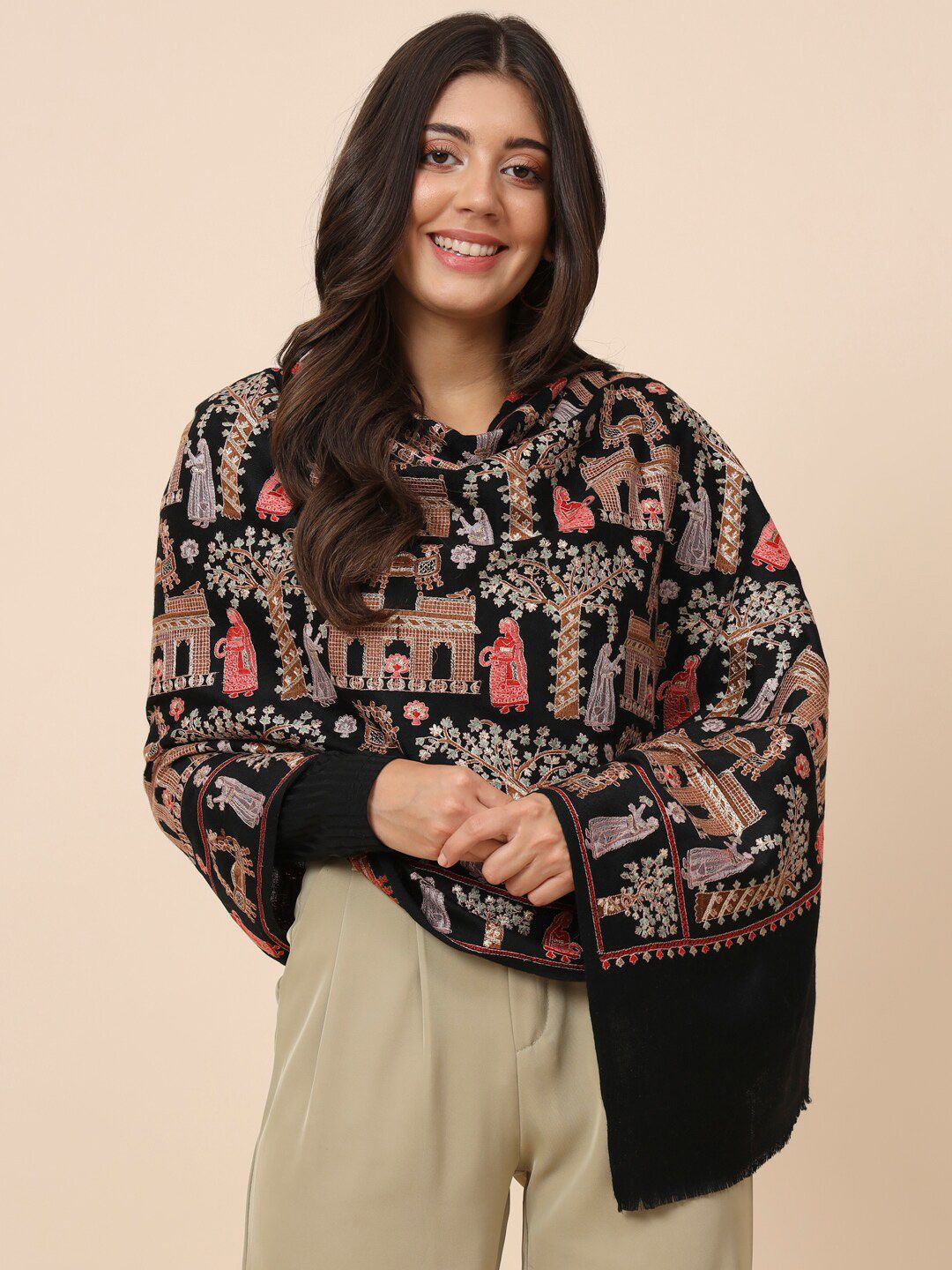 Dhiyona PA Ethnic Motifs Embroidered Pure Wool Shawl