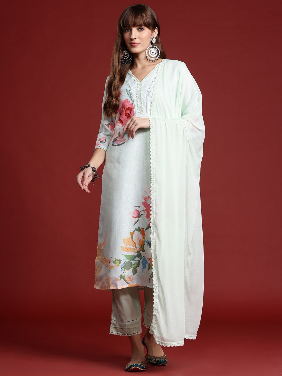 Floral Printed Linen Kurta With Trousers & Dupatta