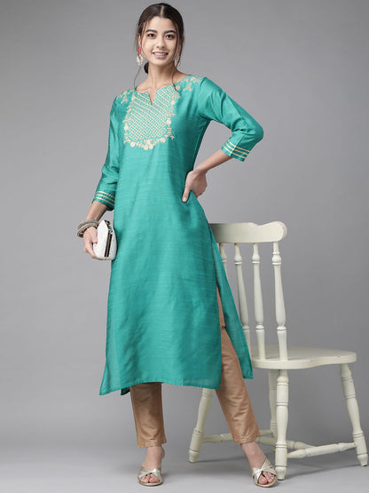 Dhiyona IE Women Sea Green Yoke Design Thread Work Floral Chanderi Silk Chanderi Silk Kurta