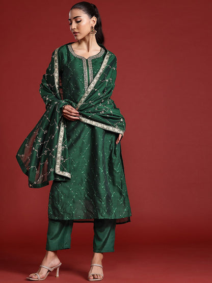Dhiyona IE Floral Embroidered Sequinned Kurta With Trousers & Dupatta
