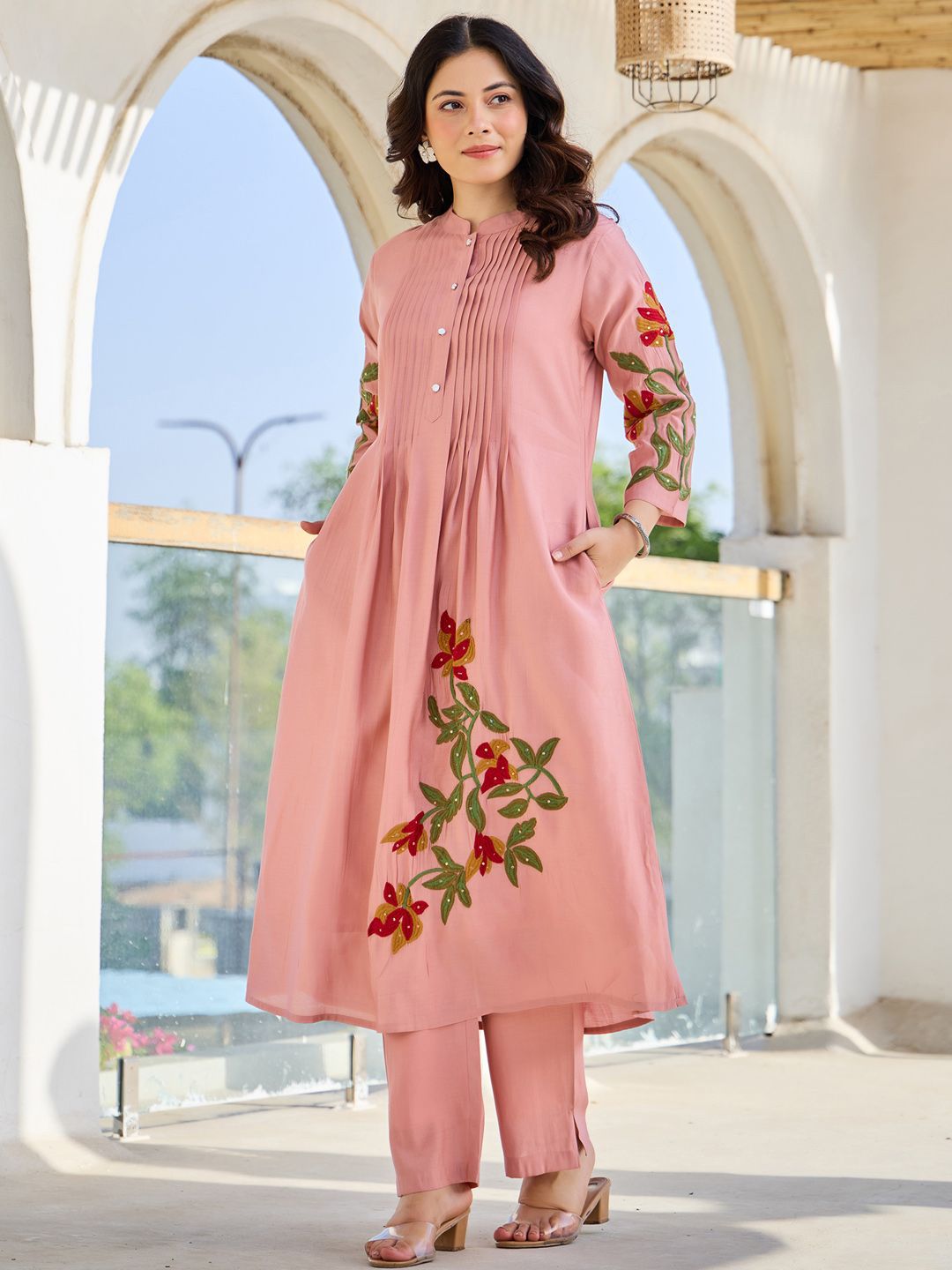 Women Floral Embroidered Thread Work Pure Cotton A-Line Kurta with Trousers