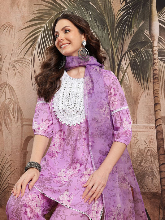 Dhiyona SN Women's Floral Print Thread Work Kurta with Salwar & Dupatta