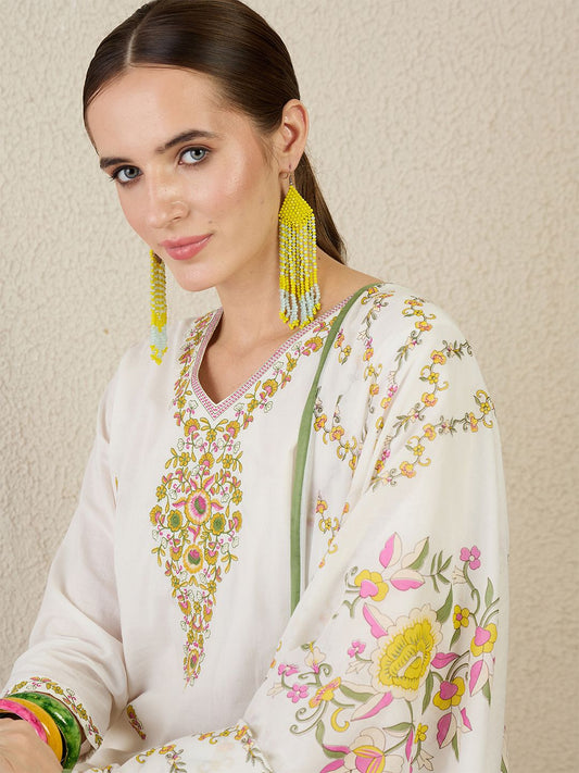 Floral Printed V-Neck Pure Cotton Straight Kurta With Trouser & Dupatta