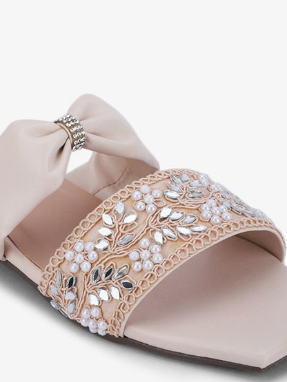 Dhiyona AK Cream-Coloured Embellished Ethnic Open Toe Flats