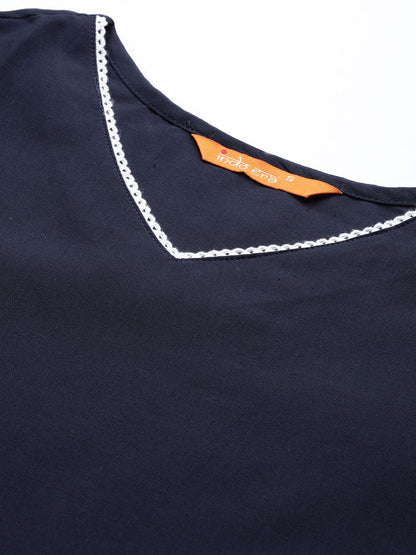 Women Navy Blue Embroidered Kurta with Trousers & With Dupatta