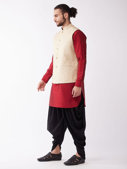Men's Maroon Silk Blend Straight Jacket  Kurta and Dhoti Set