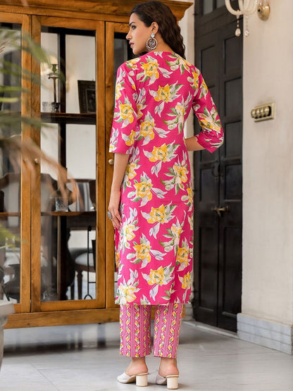 Dhiyona SN Women's Floral Printed Thread Work Straight Kurta With Trousers & Dupatta Set