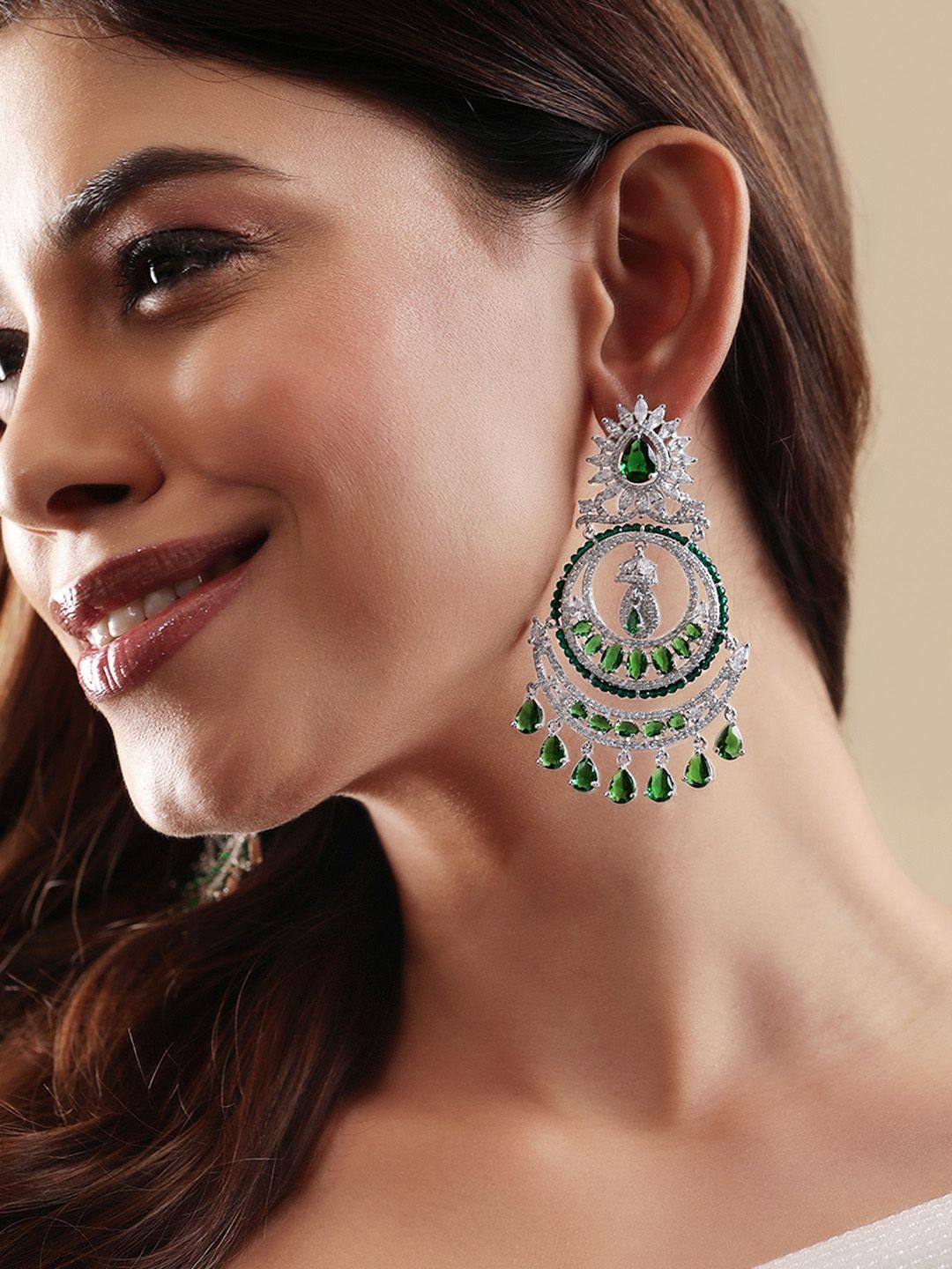 Dhiyona RJ Women's Premium Rhodium Plated AAA Cubic Zirconia & Emerald Studded Chandelier Earrings