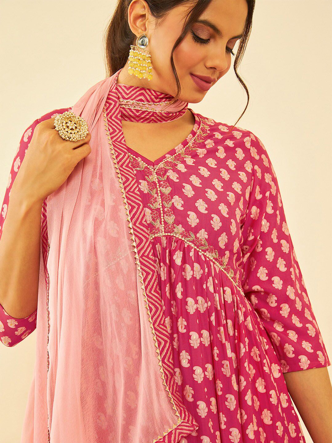 Dhiyona SO Women's Paisley Printed Sequinned V-Neck A-Line Kurta with Trousers & Dupatta