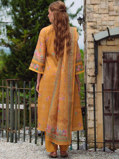 Women Floral Embroidered Beads and Stones Linen Kurta, Trousers With Dupatta