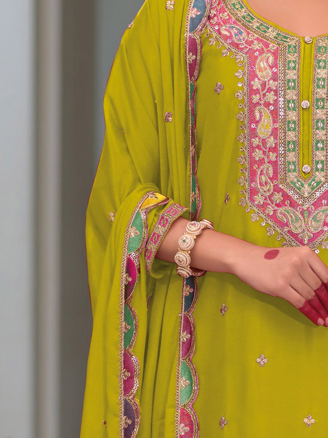 Embroidered Sequinned Kurta With Palazzos & Dupatta