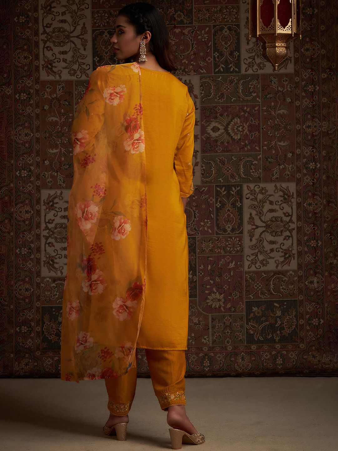 Floral Embroidered Kurta with Trousers & With Dupatta