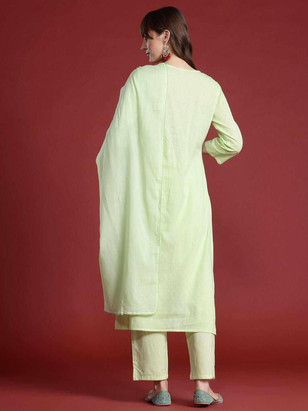Dhiyona IE Floral Embroidered Panelled Thread Work Pure Cotton Kurta with Trousers & Dupatta
