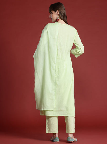 Dhiyona IE Floral Embroidered Panelled Thread Work Pure Cotton Kurta with Trousers & Dupatta
