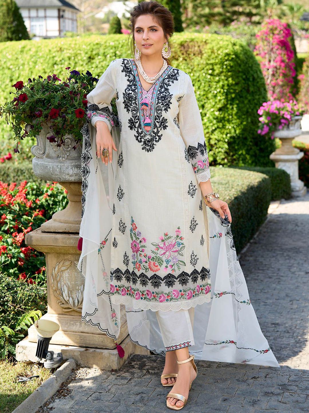 Ethnic Motifs Embroidered Pure Cotton Kurta with Trousers & Dupatta