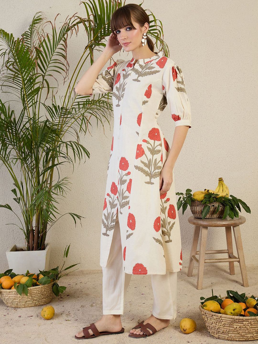 Dhiyona IE Floral Printed Mandarin Collar A-Line Kurta