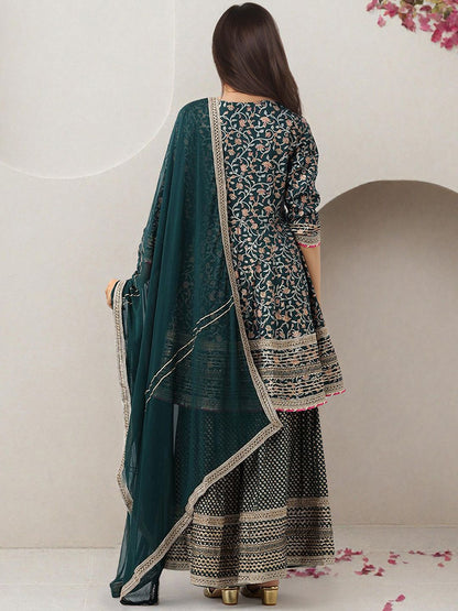 Dhiyona IS Women's Floral Printed Gotta Patti Pure Cotton Anarkali Kurta With Sharara & Dupatta