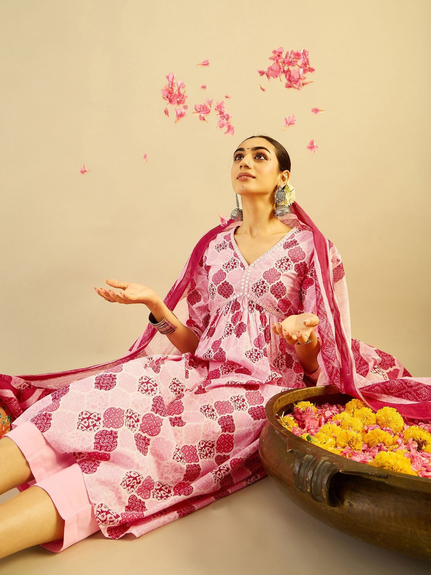 Dhiyona IE Ethnic Motifs Printed Mirror Work Pure Cotton Kurta with Trouser And Dupatta