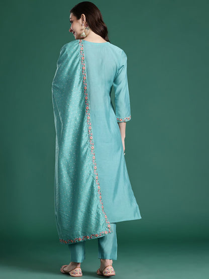 Floral Embroidered Thread Work Kurta with Trousers & With Dupatta