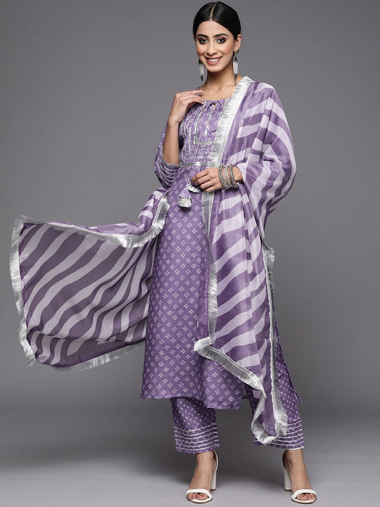 Dhiyona VA Women's Purple Bandhani Yoke Design Sequinned Kurta with Trousers & With Dupatta