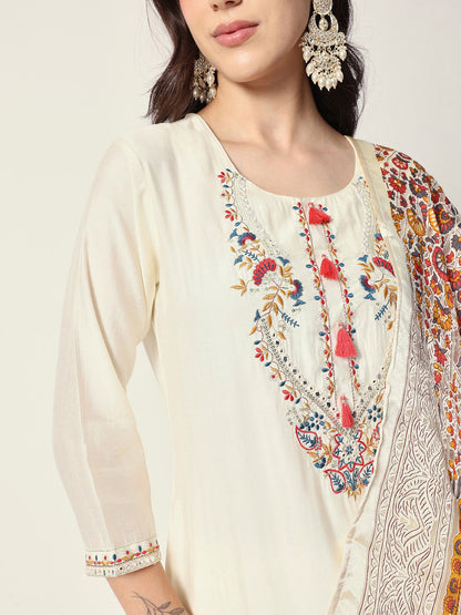 Dhiyona IS Women's Floral Yoke Design Thread Work Straight Kurta With Trousers And Dupatta