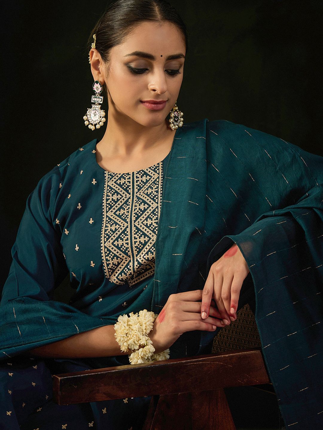 Dhiyona IE Round Neck Embroidered Sequinned Chanderi Silk Kurta with Trouser & Dupatta