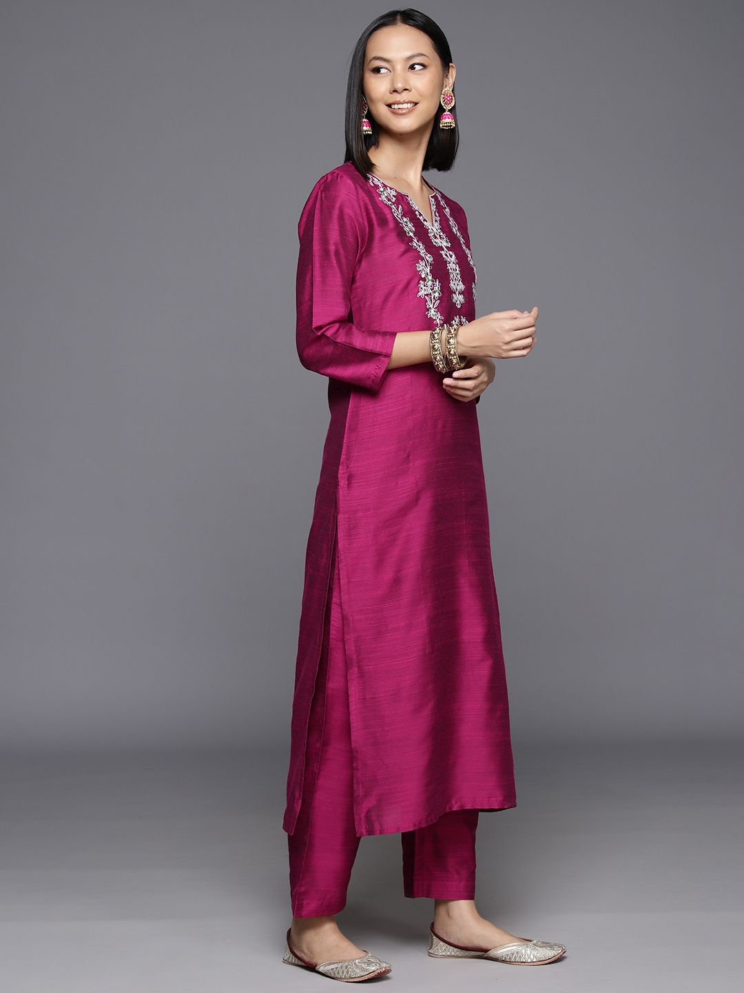 Dhiyona VA Women's Floral Yoke Design Regular Sequinned Kurta with Trousers & Dupatta