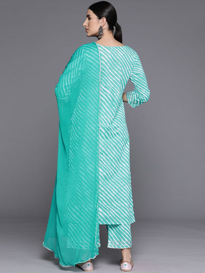 Dhiyona VA Women's Leheriya Striped Regular Gotta Patti Cotton Kurta with Trousers & Dupatta