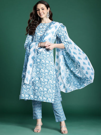 Floral Printed Pure Cotton Kurta with Trousers & Dupatta
