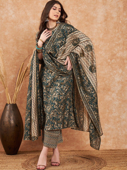 Dhiyona SN Women's Ethnic Motifs Printed Pure Cotton Kurta With Palazzo & Dupatta