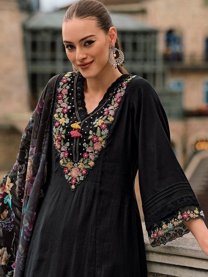 Dhiyona IE Floral Yoke Design Thread Work A-Line Kurta With Trousers & Dupatta