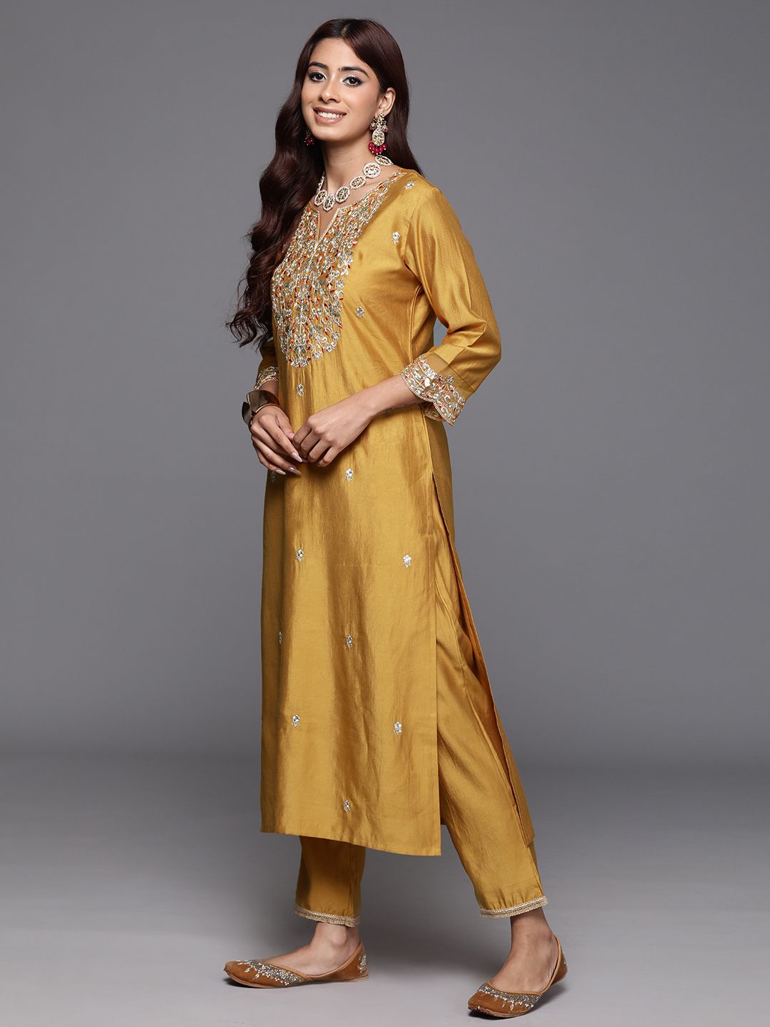 Dhiyona IE Floral Embroidered Sequinned Liva Kurta with Trousers & Dupatta