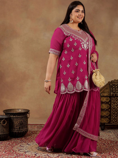 Dhiyona IN Plus Size Embroidered Sequin Georgette Straight Kurta With Sharara & Dupatta