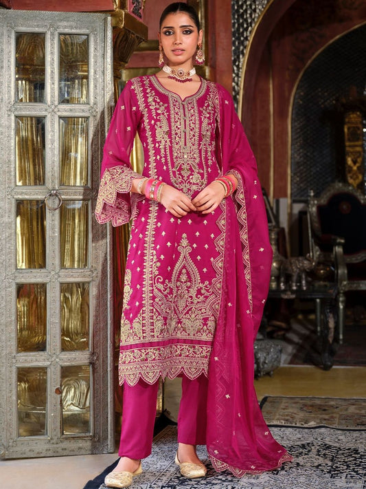 Ethnic Motifs Embroidered Zari V-Neck Straight Kurta & Palazzos With Dupatta