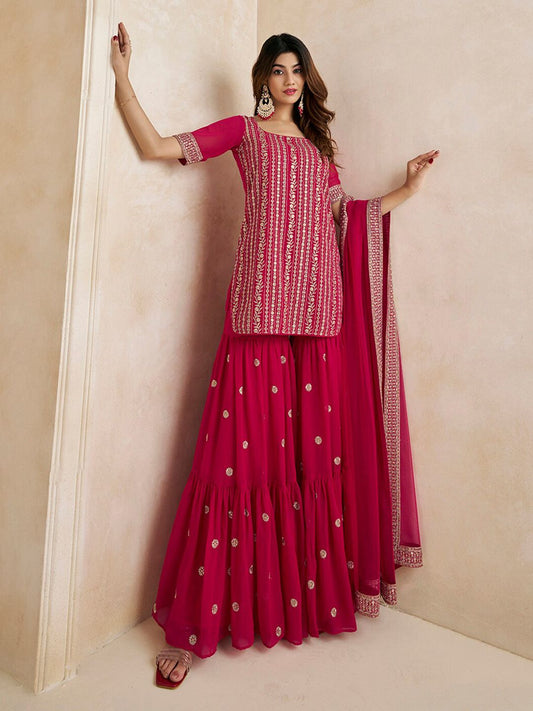 Dhiyona IN Magenta Floral Embroidered Straight Kurti & Sharara With Dupatta