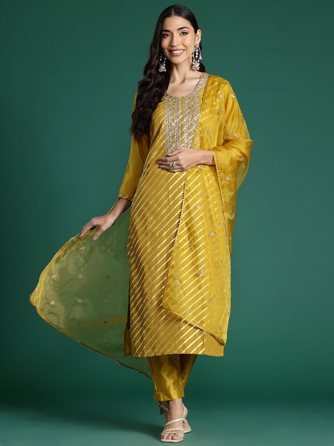 Dhiyona IE Women Leheriya Embroidered Sequinned Chanderi Silk Kurta With Trousers & Dupatta