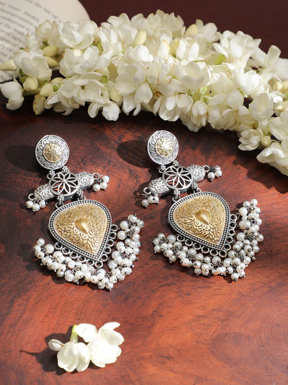 Dhiyona RJ Women's Dual-Tone Oxidised Silver & Gold Plated Chandelier Earrings with Pearl Beaded Drops