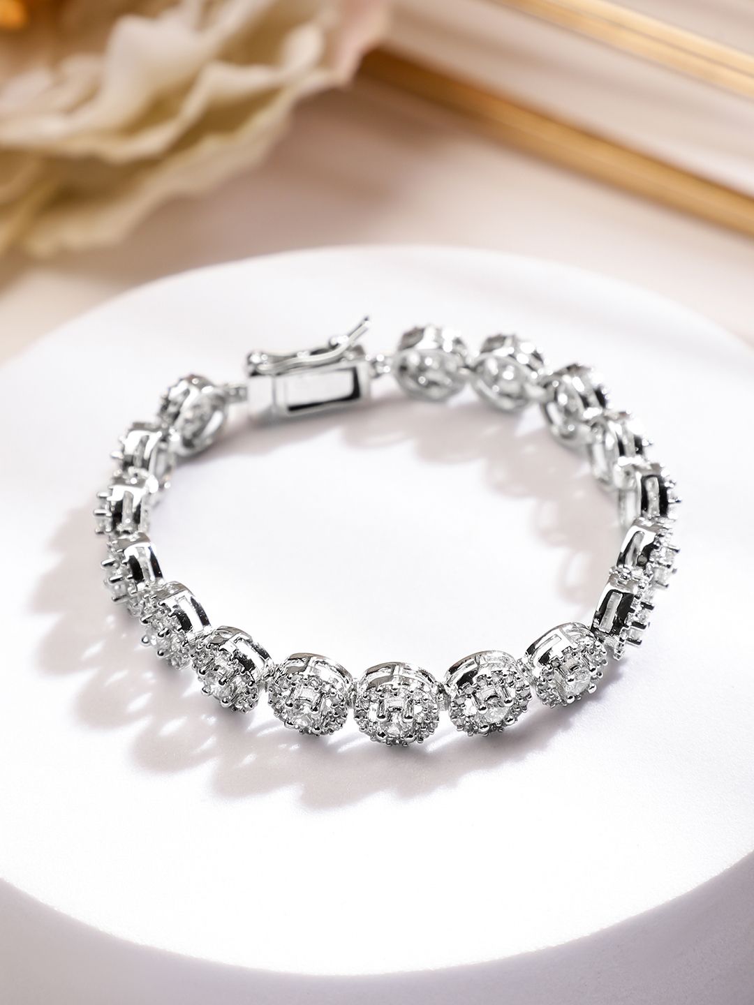 Dhiyona RJ Women's Rhodium Plated Round Design Sparkling Cubic Zirconia Studded Premium Tennis Bracelet