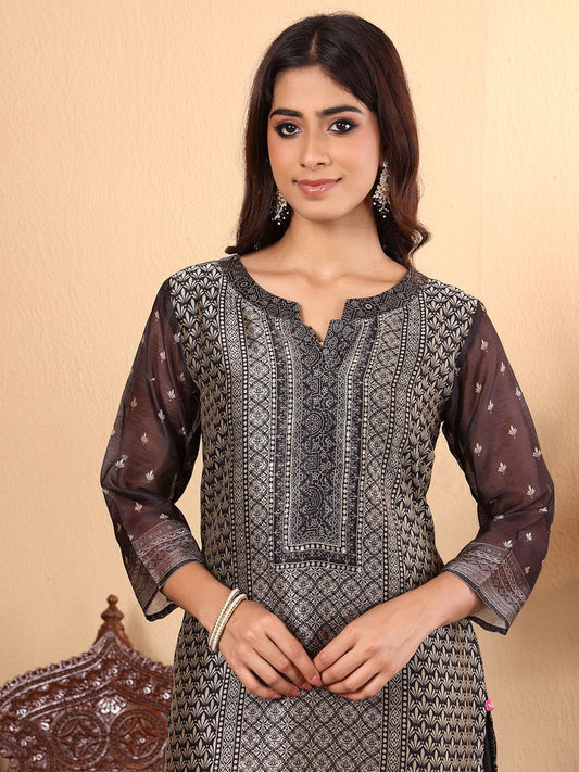 Dhiyona VA Women'sEthnic motifs Printed Chanderi Silk Straight Kurta with Trousers & Dupatta