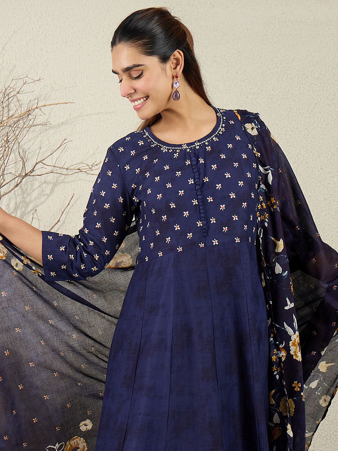 Women Floral Printed Anarkali Pure Cotton Kurta with Trousers & With Dupatta