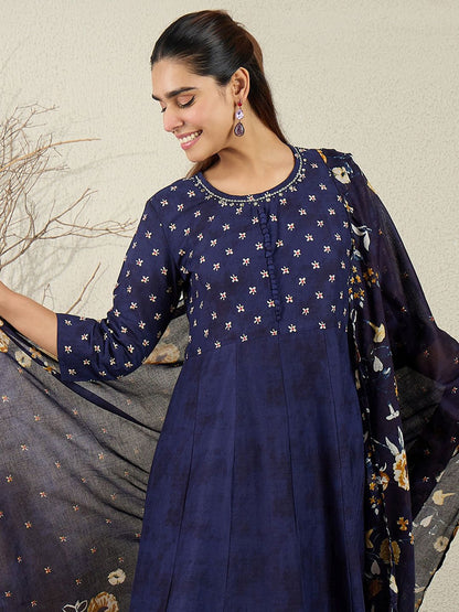 Women Floral Printed Anarkali Pure Cotton Kurta with Trousers & With Dupatta