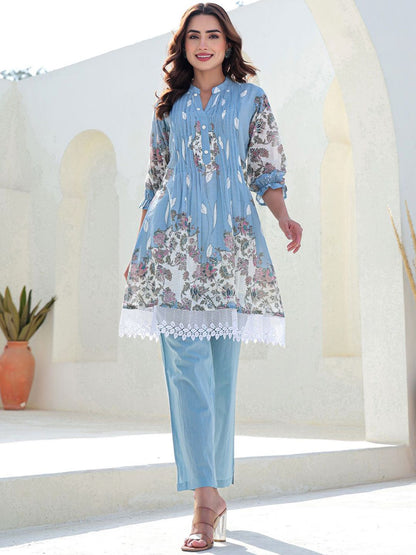 Floral Printed Mandarin Collar A-Line Pure Cotton Kurta With Trousers