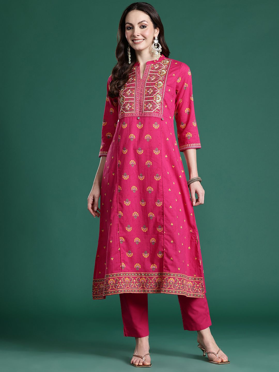 Dhiyona IE Ethnic Motifs Printed Panelled Thread Work Pure Cotton Kurta with Trousers