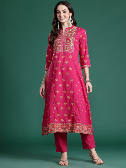 Dhiyona IE Ethnic Motifs Printed Panelled Thread Work Pure Cotton Kurta with Trousers