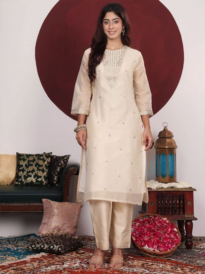 Dhiyona VA Women's Floral Woven Design Thread Work Kurta with Trousers & Dupatta