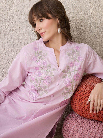 Dhiyona IE Floral Embroidered Mandarin Collar Thread Work Pure Cotton Kurta With Trouser