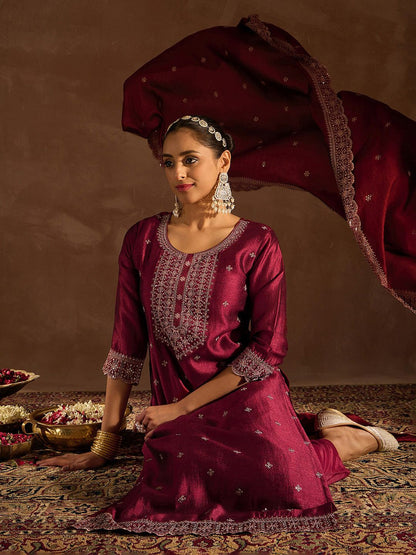Dhiyona IE Ethnic Motifs Embroidered Thread Work Straight Kurta with Trousers & Dupatta