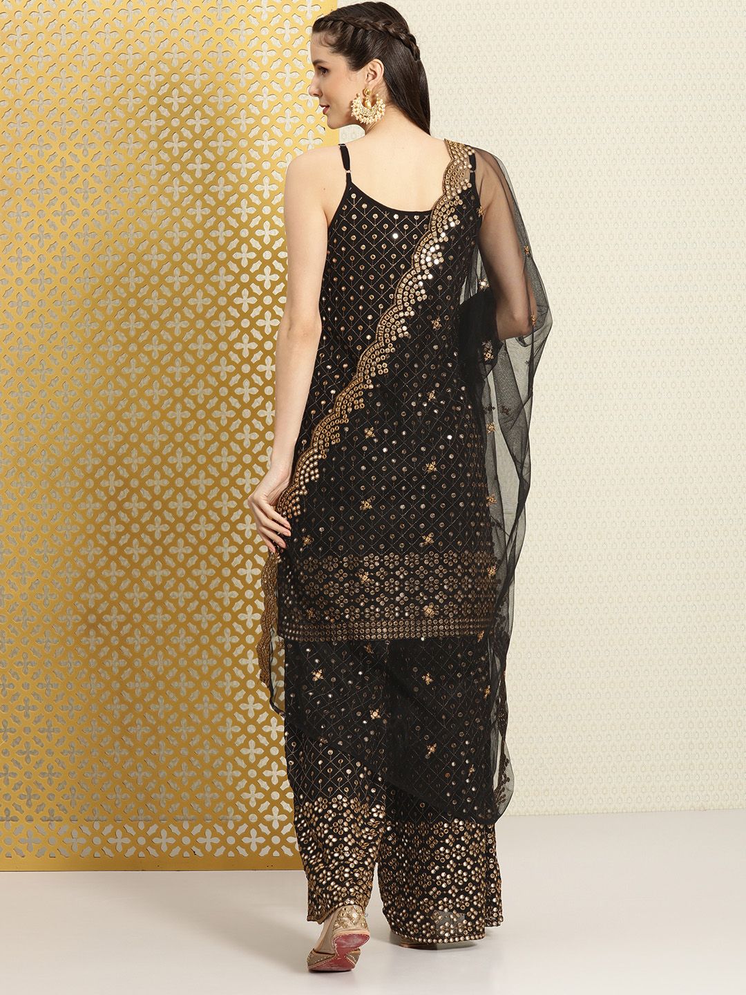 Dhiyona PD Women Women Black Mirror Work Jashn Kurta with Palazzos & Dupatta
