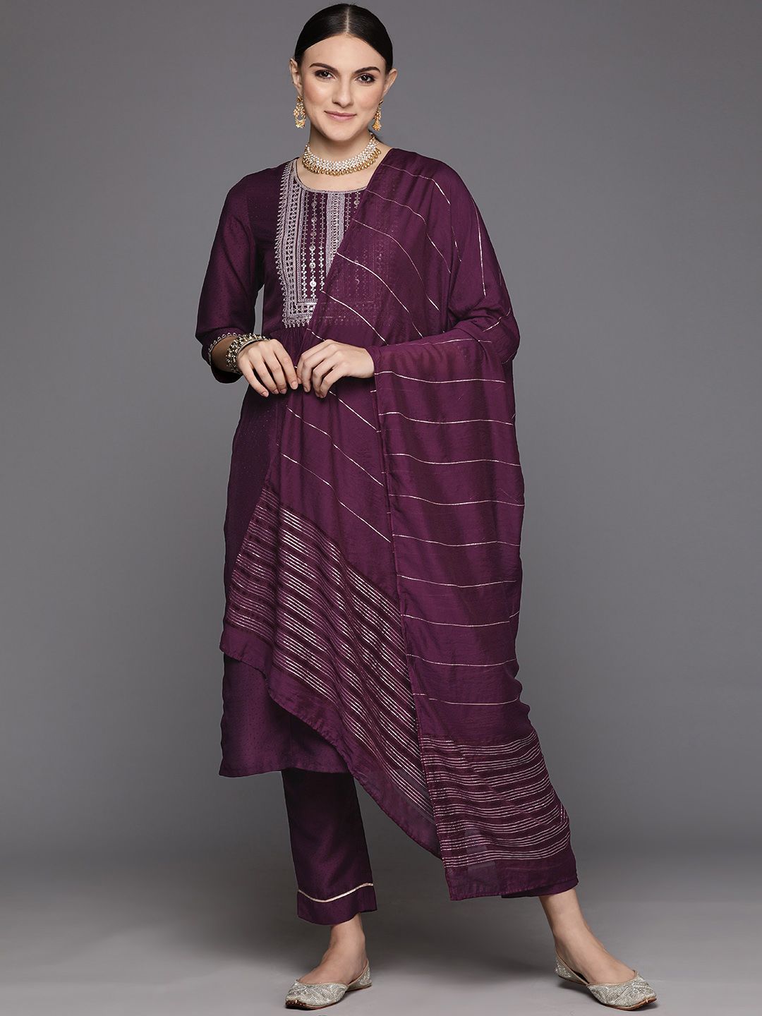 Women Yoke Design Empire Sequinned Kurta with Trousers & Dupatta